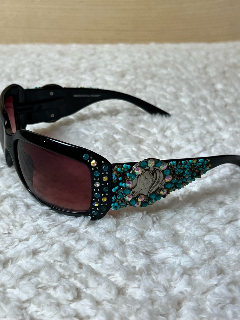 Montana West Black Sunglasses with Turquoise Bling & Silver Horse - Cowgirl Fun